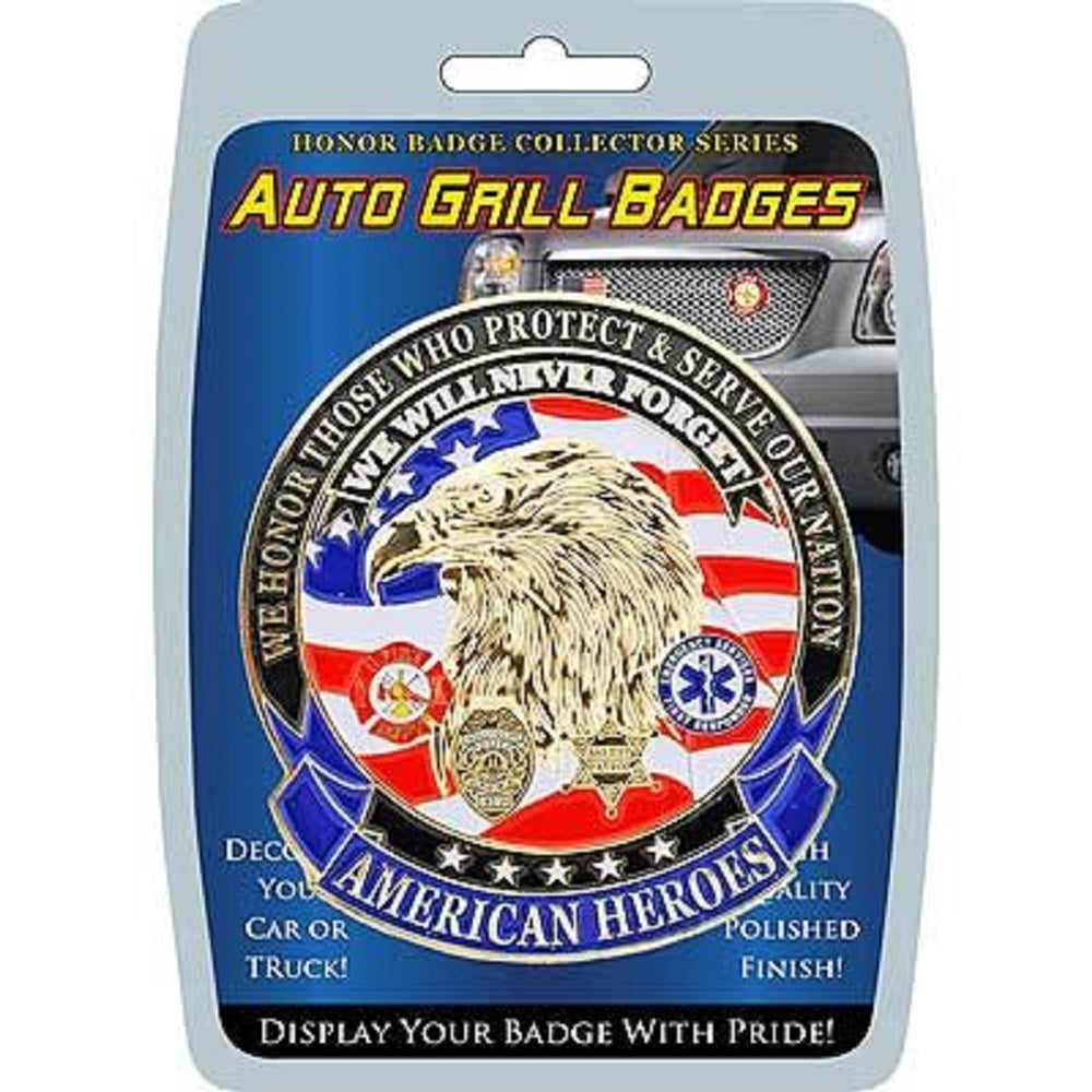 AMERICAN HEROES, We Will Never Forget - Polished Finish, Weatherproof Car Auto Grill Honor Badge - 3.25"