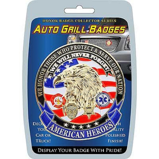 AMERICAN HEROES, We Will Never Forget - Polished Finish, Weatherproof Car Auto Grill Honor Badge - 3.25"