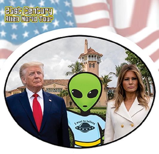 DON MEL AND ALIEN STICKER - Melania Trump & Donald Trump with Alien Artwork In / Out Die-Cut Sticker, 4.75" x 3.66"