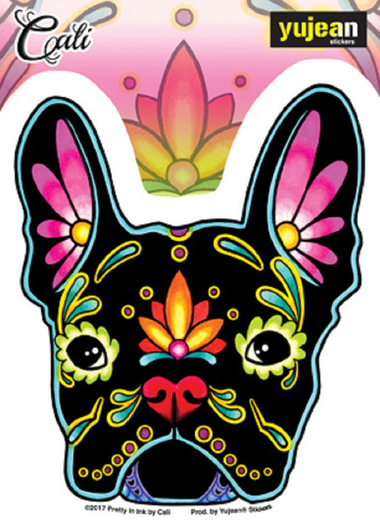 Cali French Bulldog, Sugar Skull Dog - 4.25" x 5" - Sticker DECAL