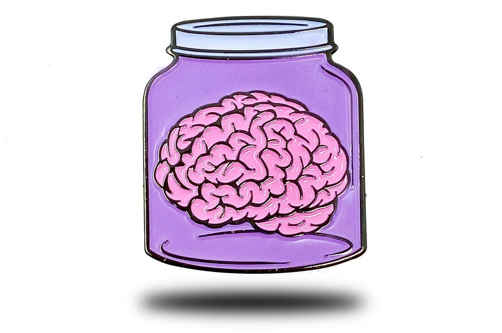 BRAIN IN A JAR PIN - Novelty Funny Brain in a Mason Jar, Cute Enamel Lapel PIN, LAVENDER - 3 cm x 2.7 cm