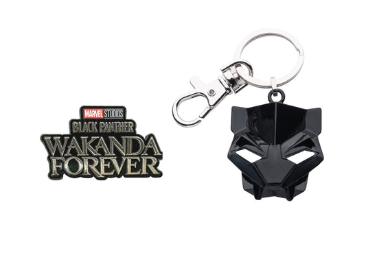 Marvel's Black Panther WAKANDA FOREVER PIN + 3D HEAD MASK KEYCHAIN, Official Combo Pin & Keychain