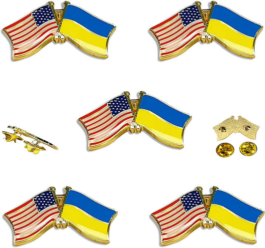 US Ukraine Friendship Lapel Pin w/ Double Butterfly Clutch Pin Backings, 5pcs