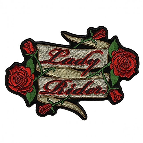LADY RIDER BANNER WITH ROSES, High Quality Iron-On / Saw-On, Heat Sealed Backing Rayon PATCH - 5" x 4"