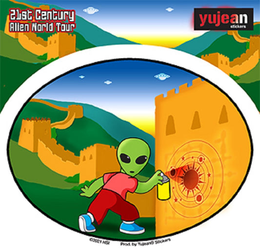 GREAT WALL ALIEN STICKER - Alien On the Wall Orignal Artwork In / Out Door Die-Cut Sticker - 4.75" x 3.66"