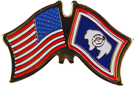 USA STATES, USA & WYOMING Cross Flags - Original Artwork, Expertly Designed PIN - 1.125"