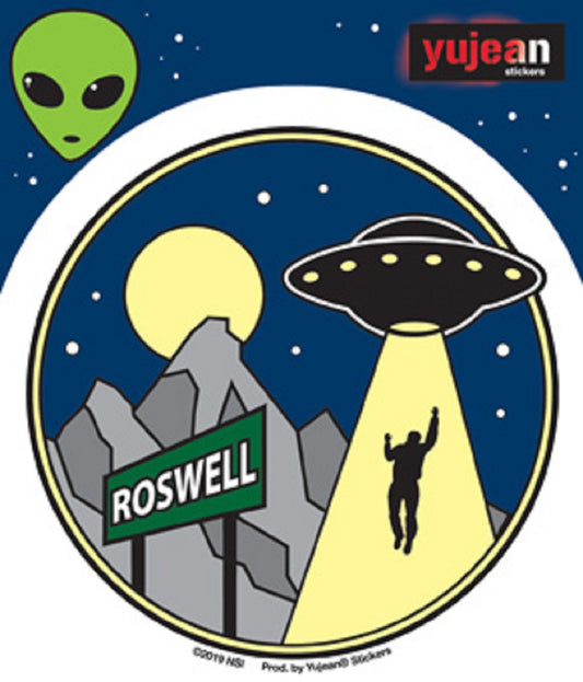 ROSEWELL ALIEN MINI STICKER - Rosewell Alien Orignal Artwork Premium In / Out Door Decal STICKER, Size - 4" Round