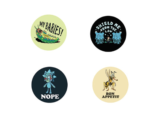 RICK & MORTY COMBO PACK BUTTONS - My Babies, Nope, Bon Appetit & Shield Me From the Law Artwork Combo 4 x Buttons