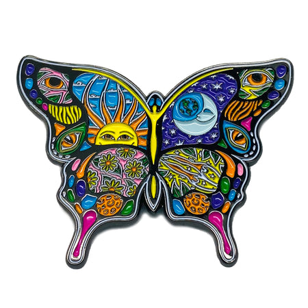DAN MORRIS SUN MOON BUTTERFLY PIN - Butterfly w/ Extra Thick Raised Epoxy Resin Shiny Enamel Lapel Pin - 2" x 1.5"