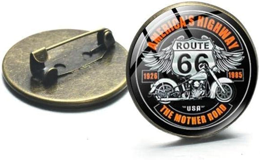 US Route 66 America's Highway Bikers Brooches Pin - Old-fashion Retro Glass Dome Metal Brooch Badge Lapel Pin Button - 2.5cm