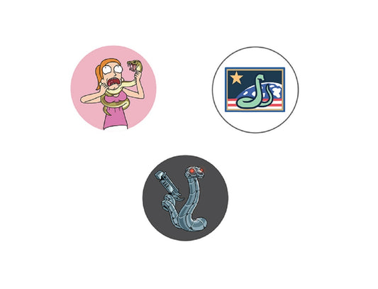 RICK & MORTY COMBO BUTTONS - R&M Choke, Snake Flag, & Silver Snake Artwork Combo 3 x Buttons