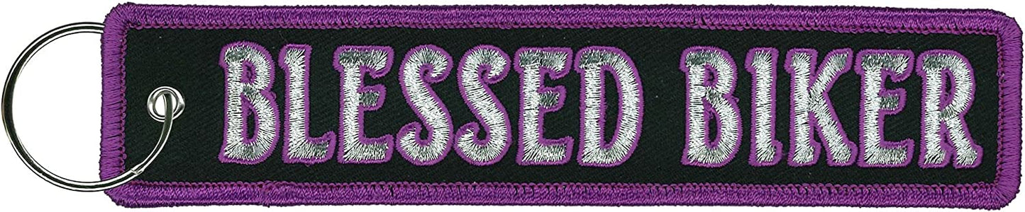 BLESSED BIKER, FOB KEYCHAIN - Double Sided High-Quality Full Thread Embroidered Rayon Biker FOB Keychain - 1.25" x 6.2"