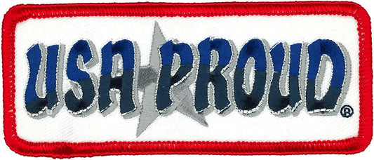 USA PROUD, PATCH - High Thread Patriotic Iron-On Heat Sealed Backing Sew-On Patch - 4" x 2"