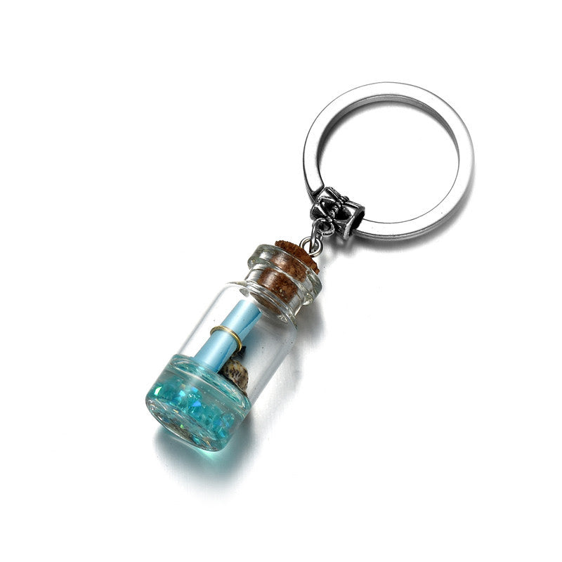 Drifting Bottle Charm Keychain - Drift Glass Message Bottle Key Ring - Light Blue