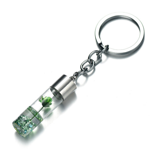 Glass Wish Bottle Keychain, Wish Drift Bottle w/ Dried Flower Pendant Charms Key Ring - Light Green