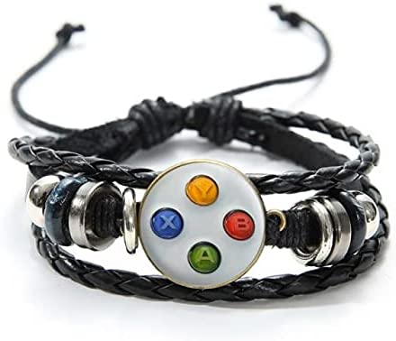 Gamers 1979 Video Game Controller Color Buttons Bracelet For Serious Gamers, Glass Dome Top PU Leather Wristband - Black