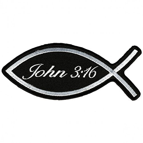 JOHN 3:16 FISH, High Thread Embroidered Iron-On / Saw-On Rayon PATCH - 5" x 2", Heat Sealed Backing
