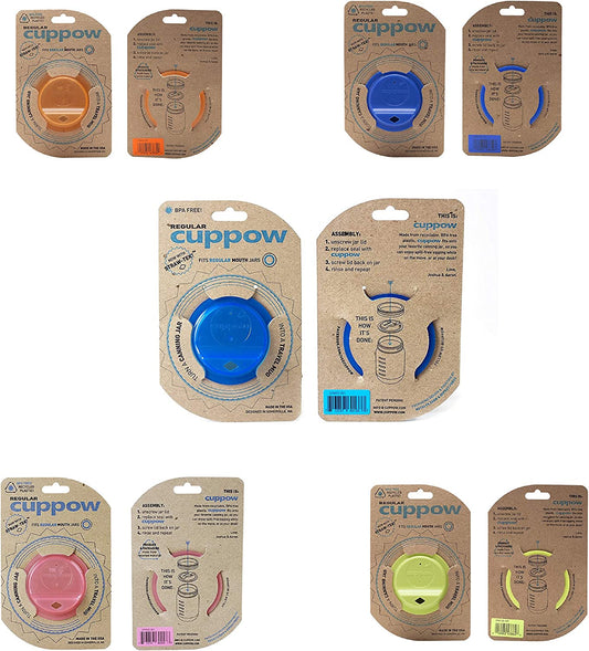 CUPPOW Original Regular Mouth Canning Jar Drinking Lid, Orange/Denim/Blue/Pink/Chartreuse, Made in USA (5-Pack)