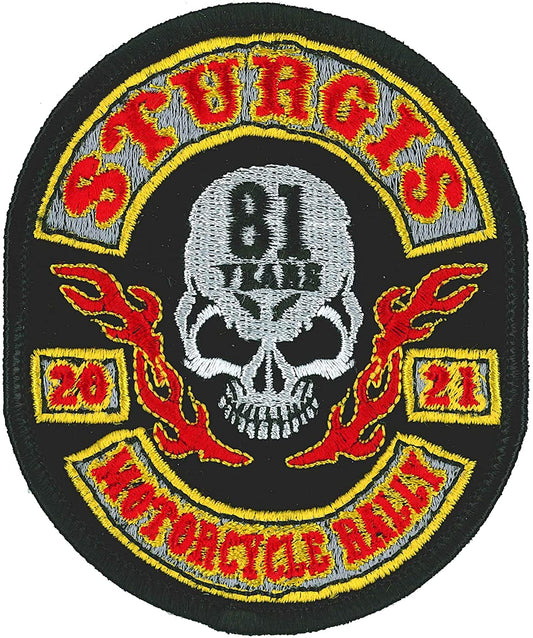 2021 STURGIS MOTORCYCLE RALLY 81 YEARS ROCKER SKULL, PATCH - High Thread Iron-On Heat Sealed Backing Sew-On Biker's Patch - 3" x 3.5"