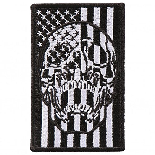 USA FLAG, PATCH - AME FLAG SKULL on US American Flag Patriotic High Thread Iron-On Heat Sealed Backing Sew-On Biker's Patch - 4" x 2"