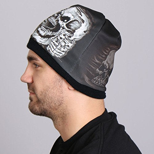 SUBLIMATED ASSASSIN SKULL, Original Design, Soft Cotton Authentic Motorcycle Apparel, Black KNIT HAT