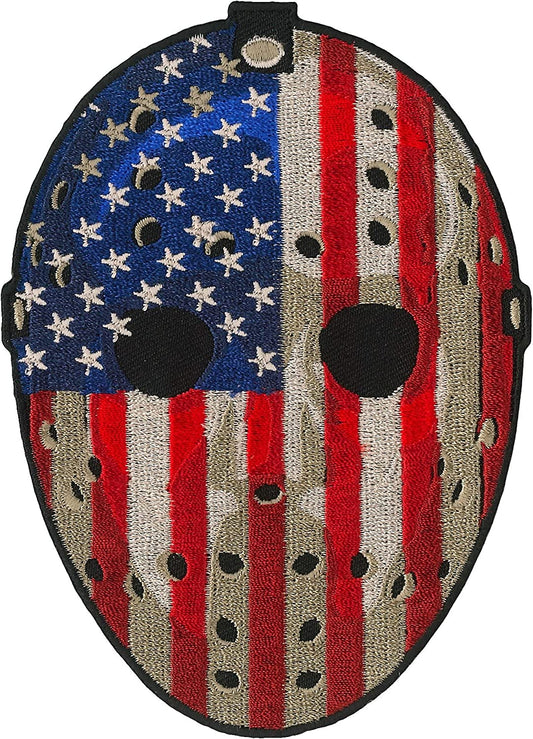 HOCKEY MASK USA FLAG, PATCH - US Flag Design High Thread Heat Sealed Backing Sew Iron On Patch - 4" x 5"