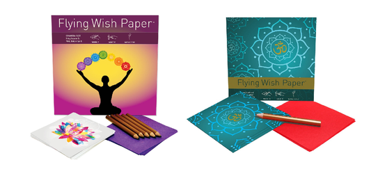 Flying Wish Paper Combo Set, 1 x Chakra, Large Kit + 1 x Golden Om, Mini Kit - Write it, Light it & Watch it Fly - (2 x Sets)