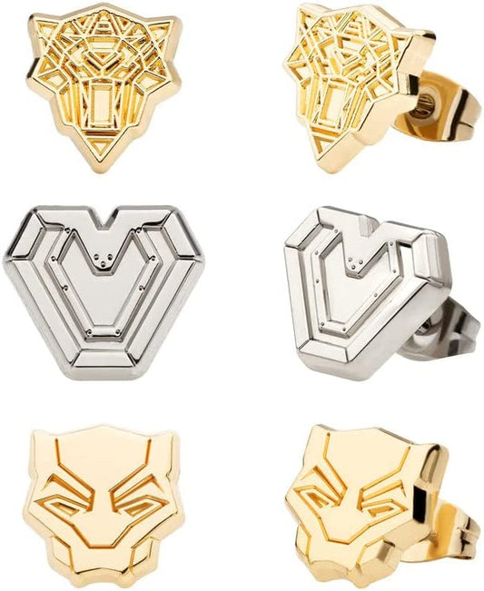 Official WAKANDA FOREVER Authorized Marvel Studios Black Panther 3 Stud Earrings Set