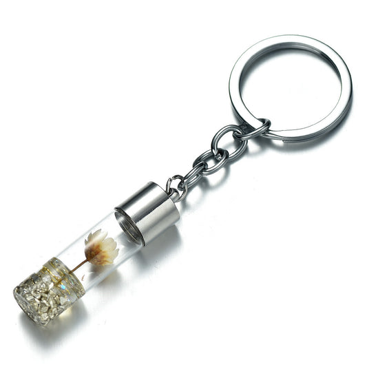 Glass Wish Bottle Keychain, Wish Drift Bottle w/ Dried Flower Pendant Charms Key Ring - Cream