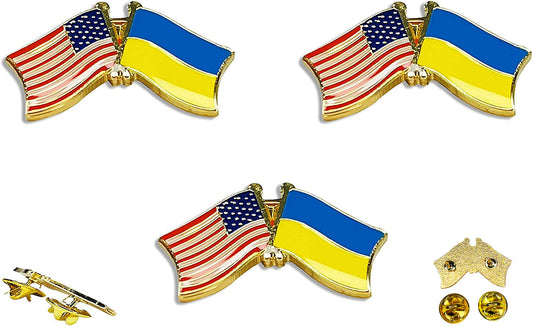 US Ukraine Friendship Lapel Pin w/ Double Butterfly Clutch Pin Backings, 3pcs