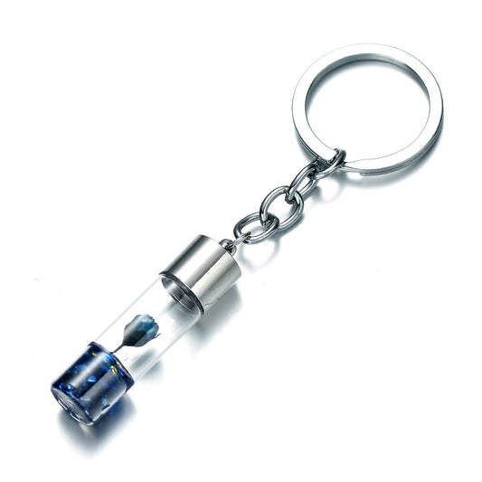 Glass Wish Bottle Keychain, Wish Drift Bottle w/ Dried Flower Pendant Charms Key Ring - Light Blue