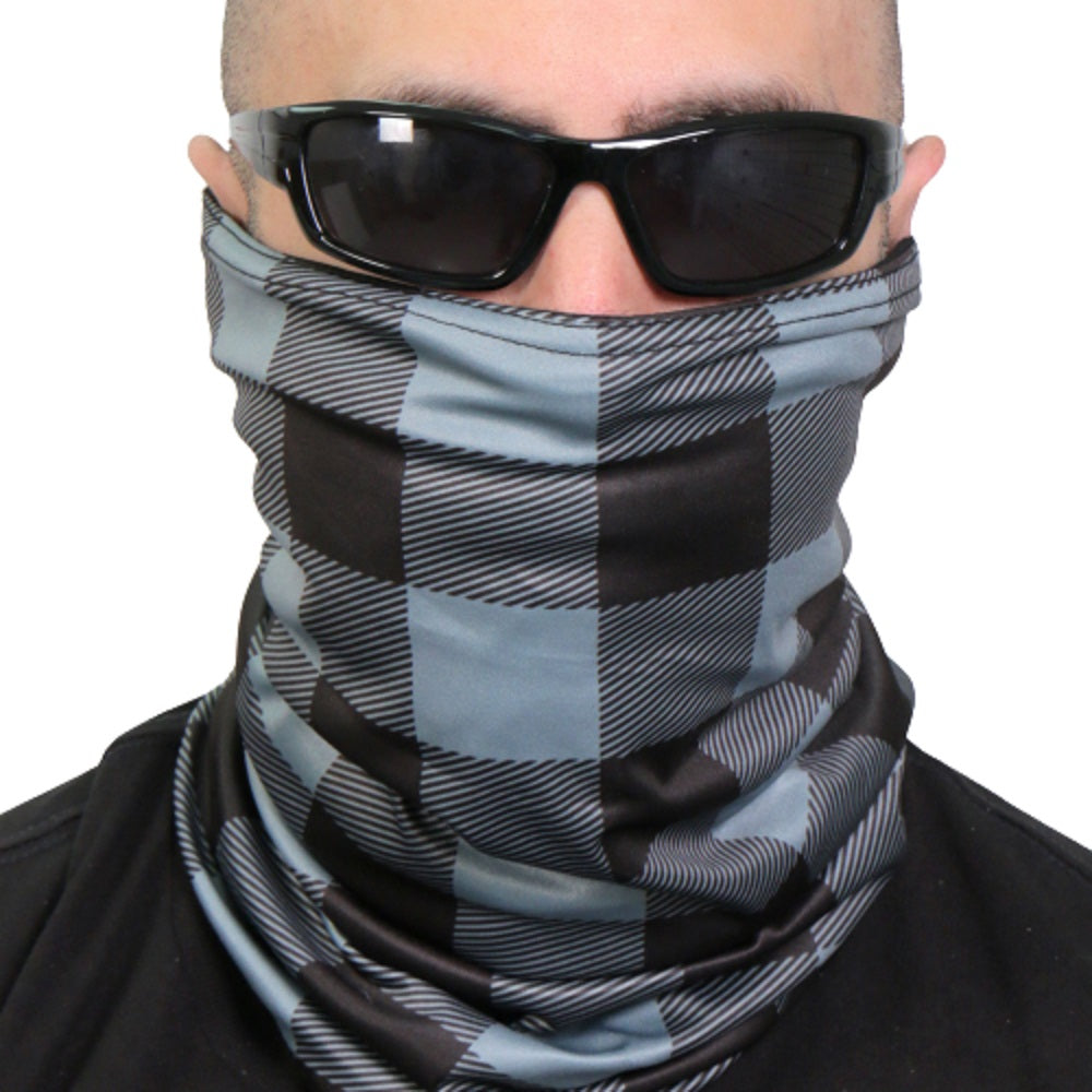 GRAY & BLACK PLAID, TUBE NECK GAITER - Soft Breathable 100% Polyester Microfiber Lined Neck Warmer Face Cover NECK GAITER