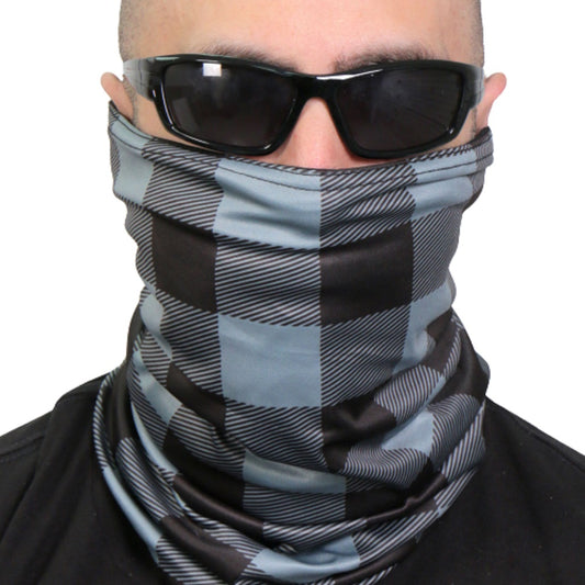 GRAY & BLACK PLAID, TUBE NECK GAITER - Soft Breathable 100% Polyester Microfiber Lined Neck Warmer Face Cover NECK GAITER