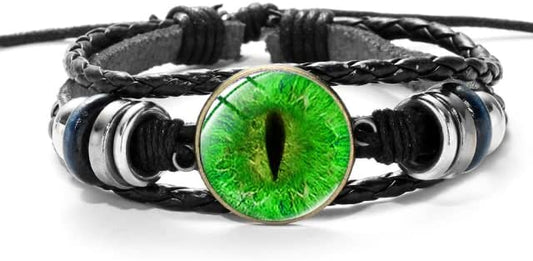 Dragon Eye Charm Bracelet, Green Sauron Eye w/ Glass Gem PU Leather Wristband - Black