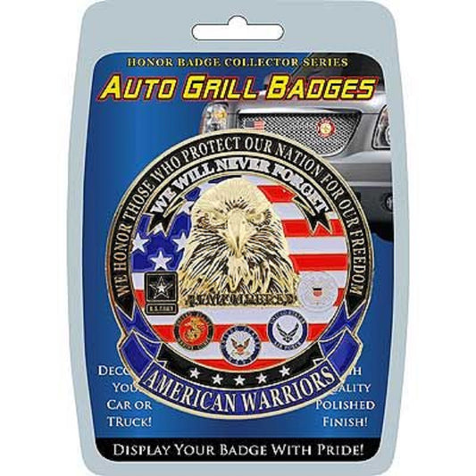 AMERICAN WARRIORS, We Will Never Forget - Polished Finish, Weatherproof Car Grill Honor Badge - 3.25"