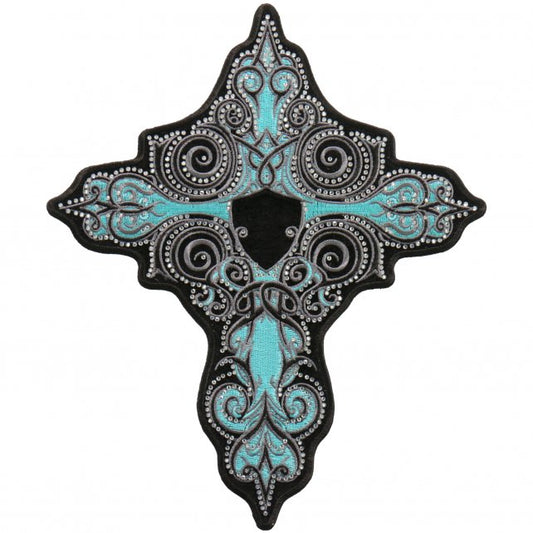 TURQUOISE CROSS Patch with RHINESTONES - Sew Iron on, Embroidered Patch - 8" X 9"