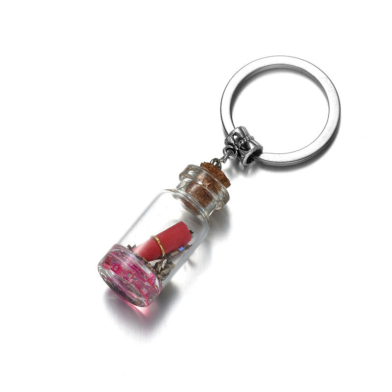 Drifting Bottle Charm Keychain - Drift Glass Message Bottle Key Ring - Pink