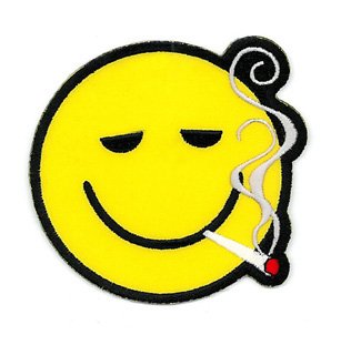 Novelty Iron On Patch - Smoking Weed Joint Yellow Smile Smiley Face