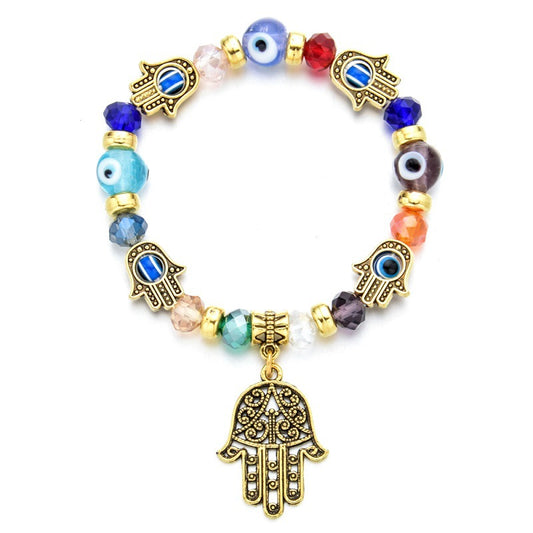 Evil Eye Blue Beaded Hamsa Hand of Fatima Bracelet, Turkish Evil Eye Lucky Charm Stretch Bracelet, 22cm - Multi Color