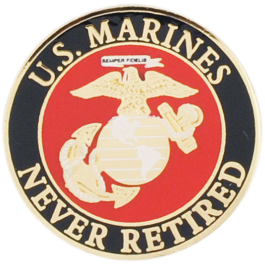 U.S. MARINES, USMC LOGO NEVER RETIRED - Original Artwork, Expertly Designed PIN - 1"