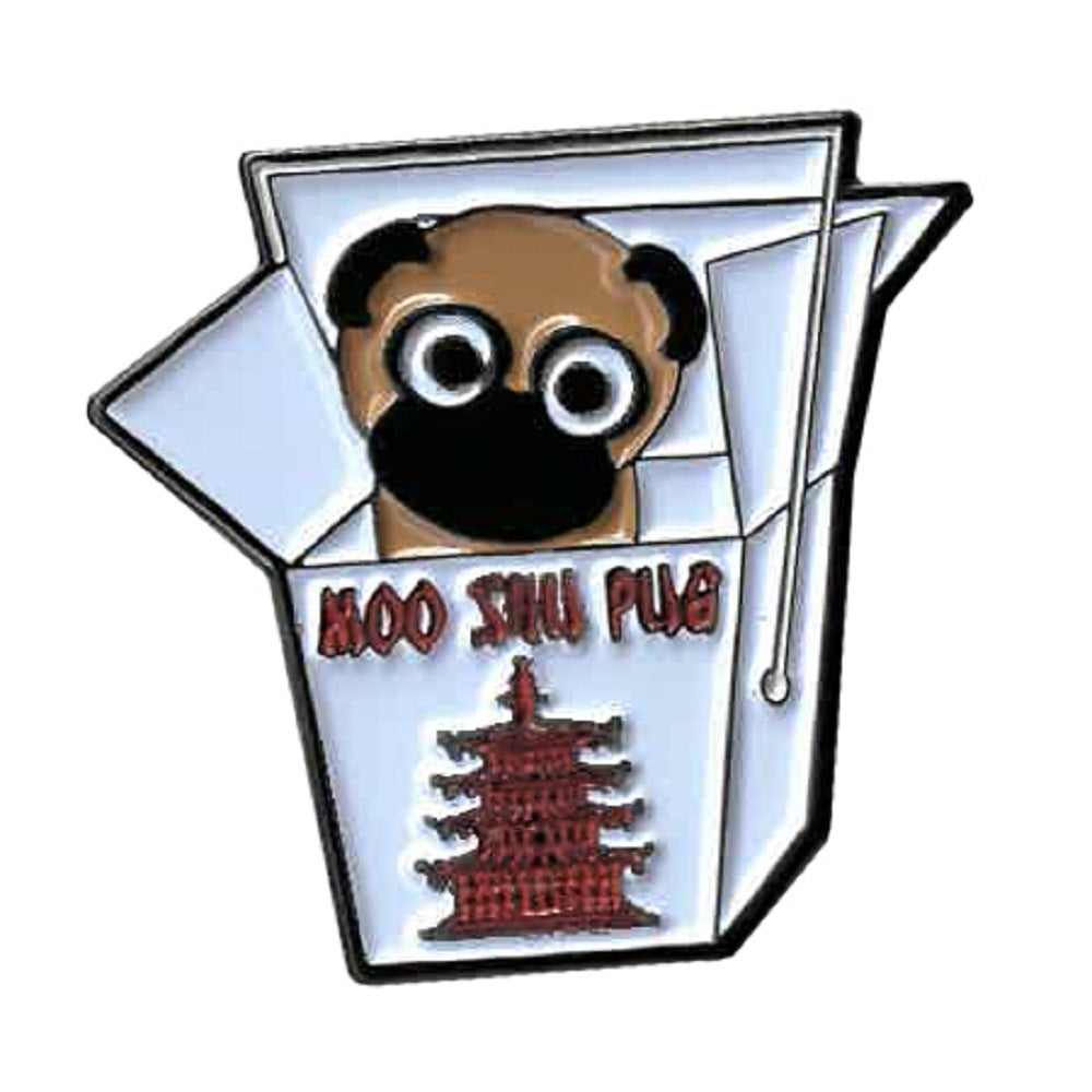MOO SHU PUG PIN, Dog Inside the Box - Backpack Enamel Lapel Pin - 1.25" x 1.13"