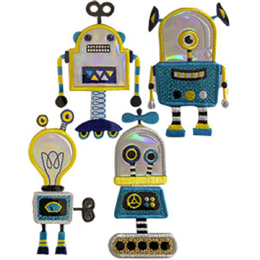 Space Assorted Robots Patches - Sew Iron on, Original Embroidered Artwork - 4 Peice Patch Set - 1.8" x 4"