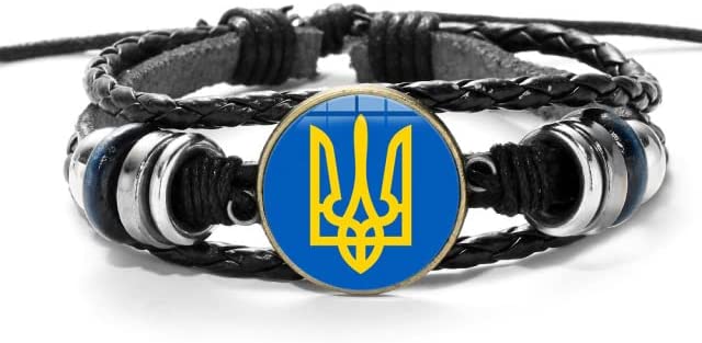 Ukraine Charm Bracelet, The Tryzub Bracelet - The Ukrainian Coat of Arms w/ Glass Gem Multilayer PU Leather Wristband - Black