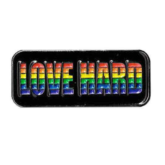 LOVE HARD RAINBOW ENAMEL PIN - Rainbow Style "LOVE HARD" Novelty Backpack Enamel Lapel PIN - 1.25" x 0.5"