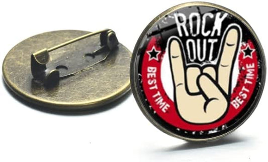 Rock Band, Rock Out Best Time Badge Pin - Harajuku Style Hip Hop Rock Hand Printed w/ Glass Round Brooch Button Pin - 2cm