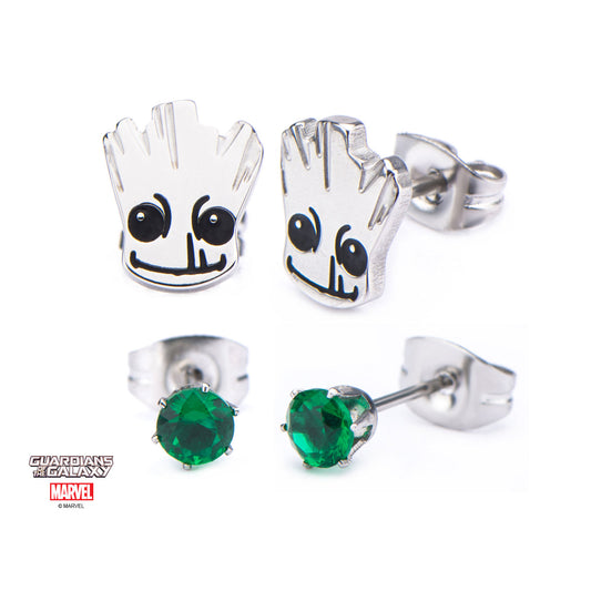 Groot Stud Earrings - Marvel Comics Stainless Steel Gemstone Artwork, Set of 2