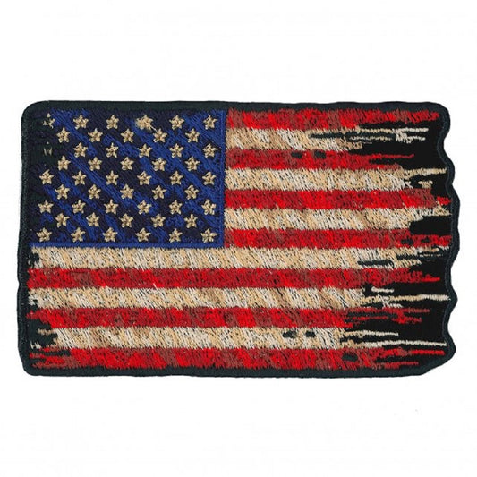 TATTERED US FLAG PATCH - The Embroidered American TORN USA TATTERED FLAG, Heat Backing Iron / Sew-On PATCH - 4" x 2.5"