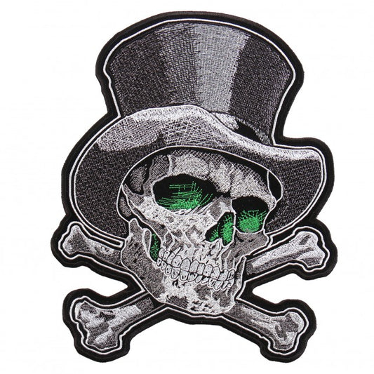 TOP HAT CROSS BONES PATCH , High Thread Embroidered Iron-On / Saw-On, Heat Sealed Backing Rayon PATCH - 8" x 10"