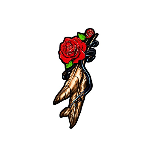FEATHER & ROSES, High Thread EMBROIDERED Iron-On / Saw-On Rayon PATCH - 3.5" x 9"