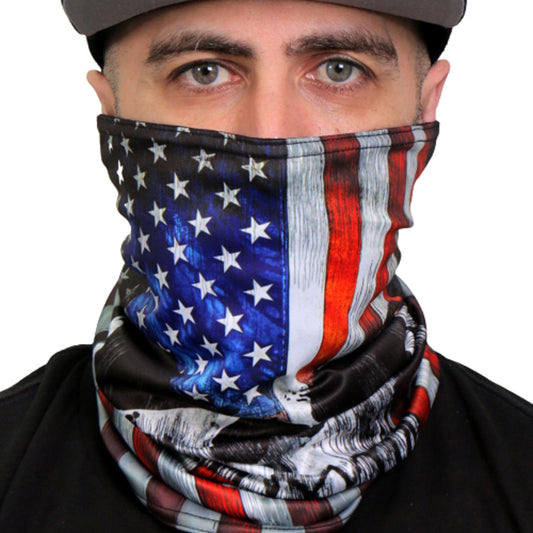 US FLAG with SKULL, PATRIOT TUBE NECK GAITER - Soft Breathable 100% Polyester Microfiber Lined Neck Warmer Face Cover NECK GAITER MASK